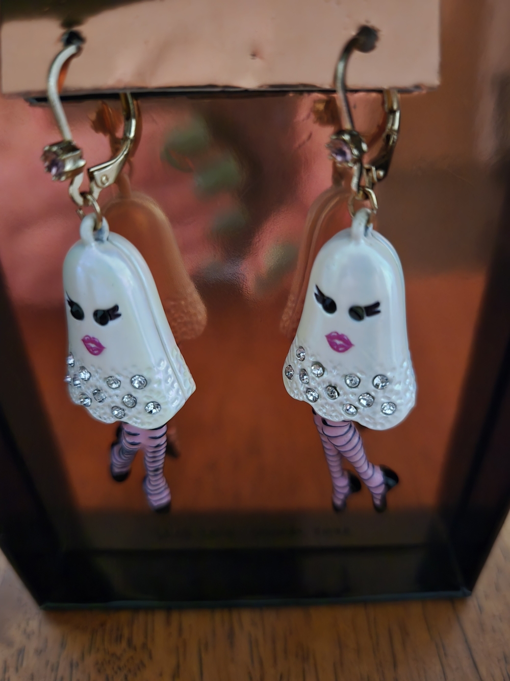 Betsey Johnson White Ghost Drop Earrings with Pink Striped Legs
